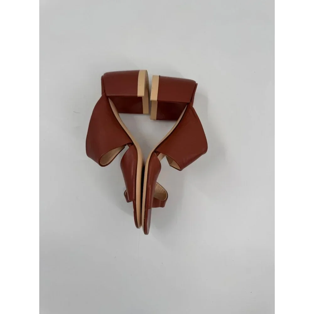AGL Brown Moon Thong Leather Block Heel Sandals 38.5 or US 8.5 Made In Italy